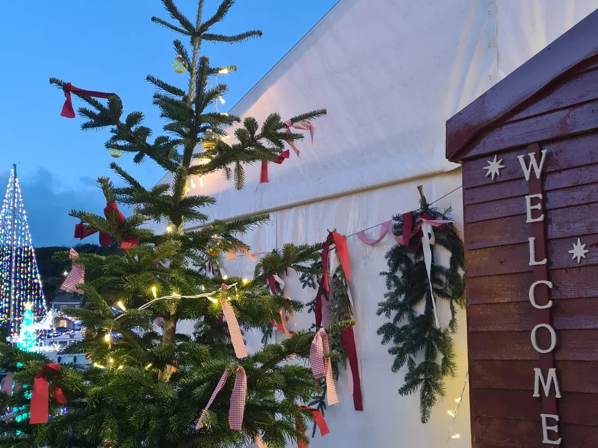 A Christmas tree decorated outside the Chef's Theatre at Padstow Christmas Fayre