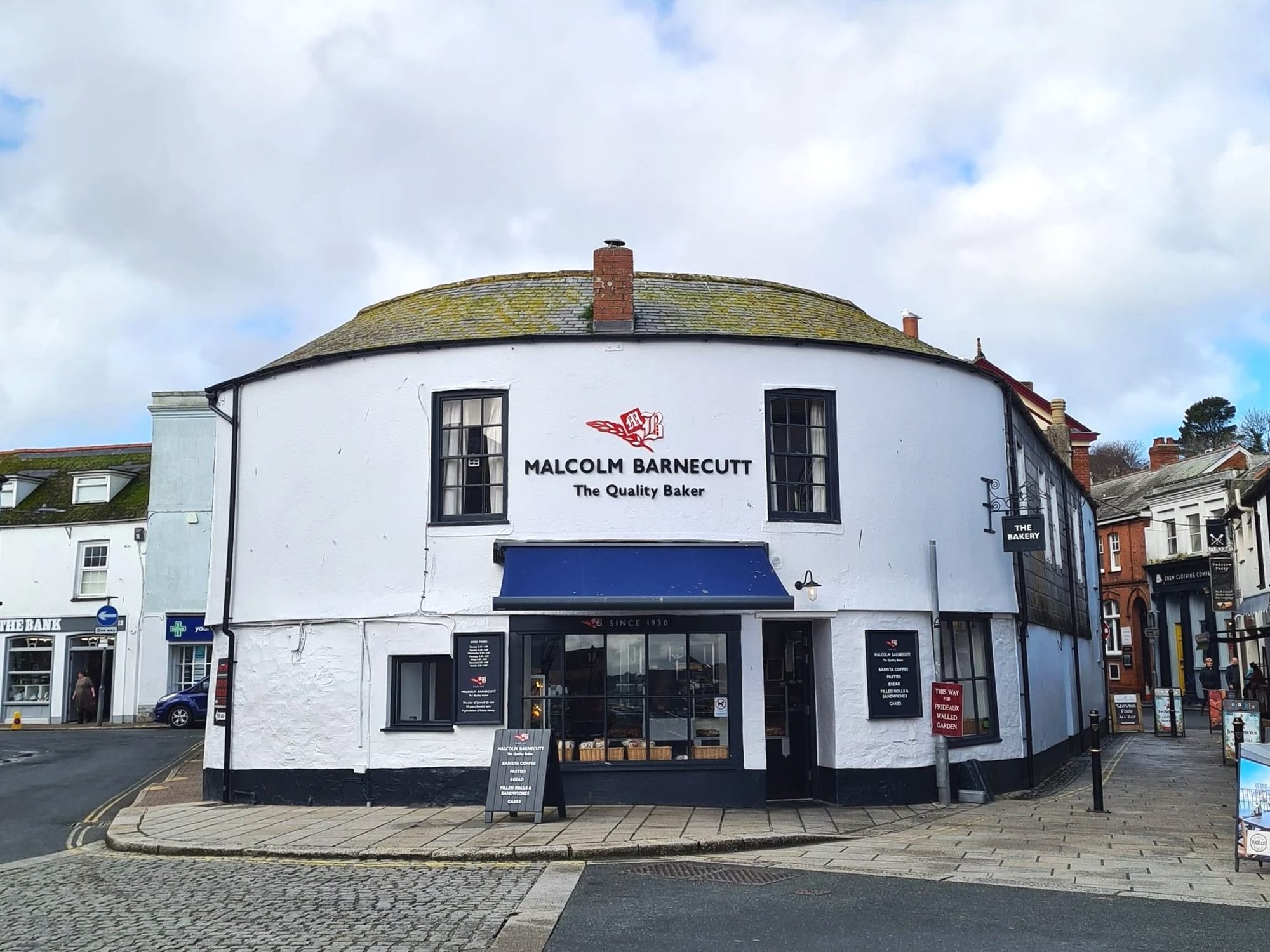 Malcolm Barnecutt bakery shopfront in Padstow on a bright March day
