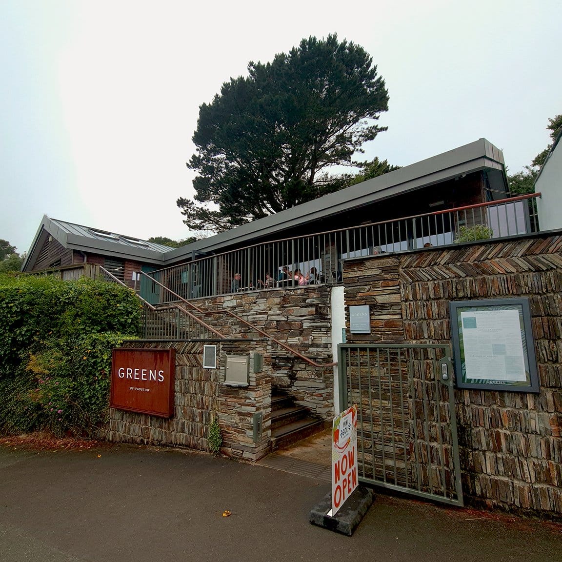 Greens restaurant in Padstow with outside patio seating overlooking the harbour