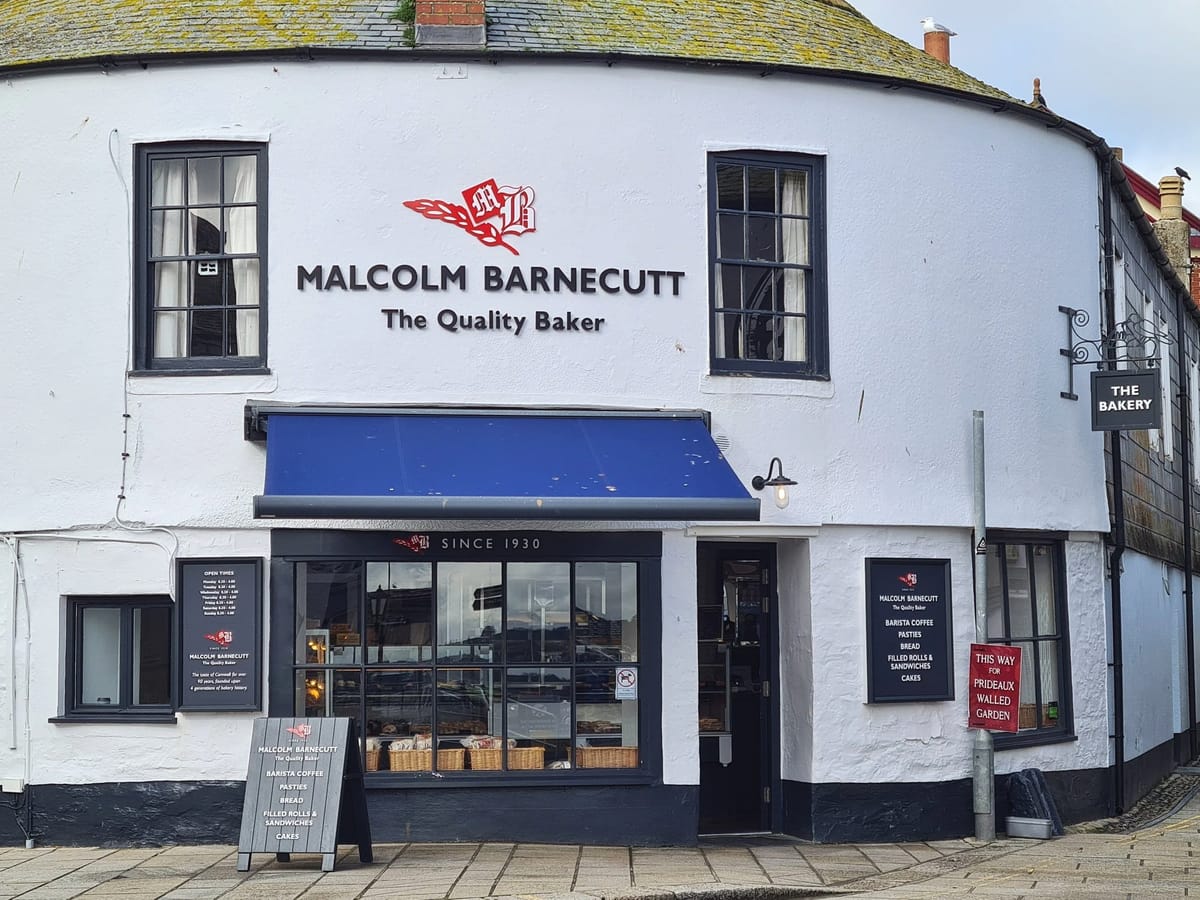 Malcolm Barnecutt bakery shopfront in Padstow on a bright March day